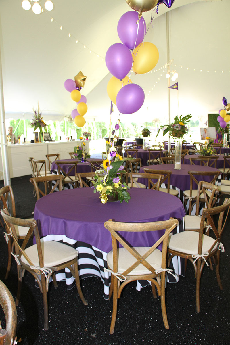 120" Round Black And White 3" Stripe Tablecover With Purple Solid 72x72 Topper On 60" Round Table